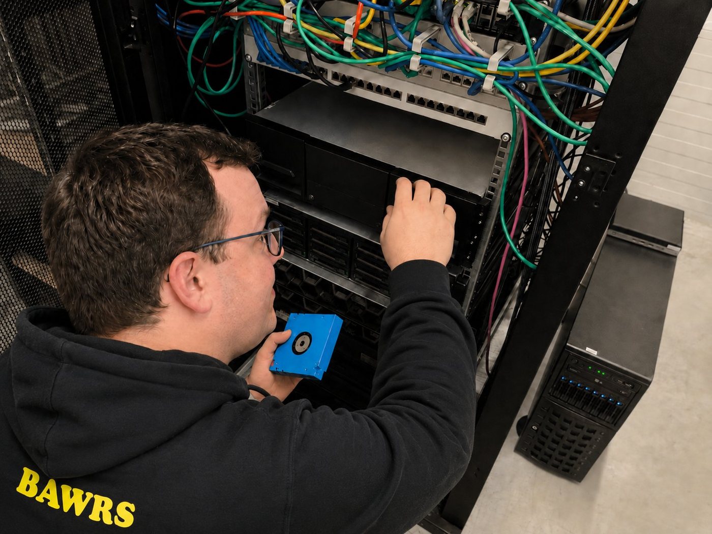 Christian Schmitt bei der Arbeit an Server- und Netzwerk-Infrastruktur